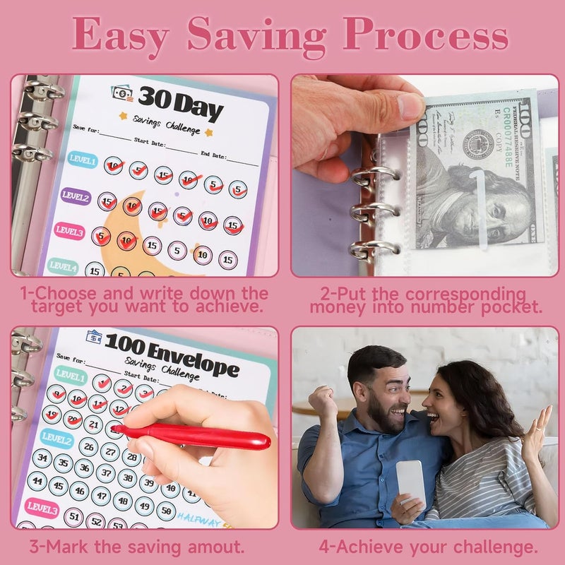 VAZOCA 2 Pack 100 Envelopes Money Saving Challenge, Cash Budget Planner A5 Binder, Savings Challenges Book Organizer Folder, with 3 Tracker to Save $5,050 and $2,600, $300, 100 Pre-numbered Pockets, Red & Pink - Image 5